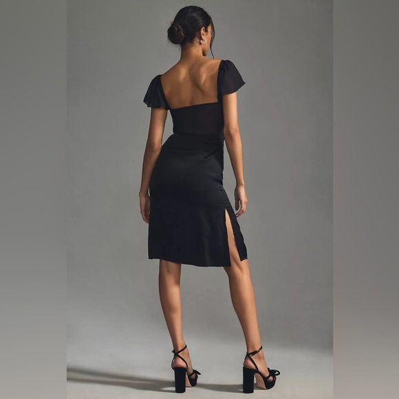 By Anthropologie Flutter-Sleeve Satin Sheath Dress in Black - Picture 2 of 6
